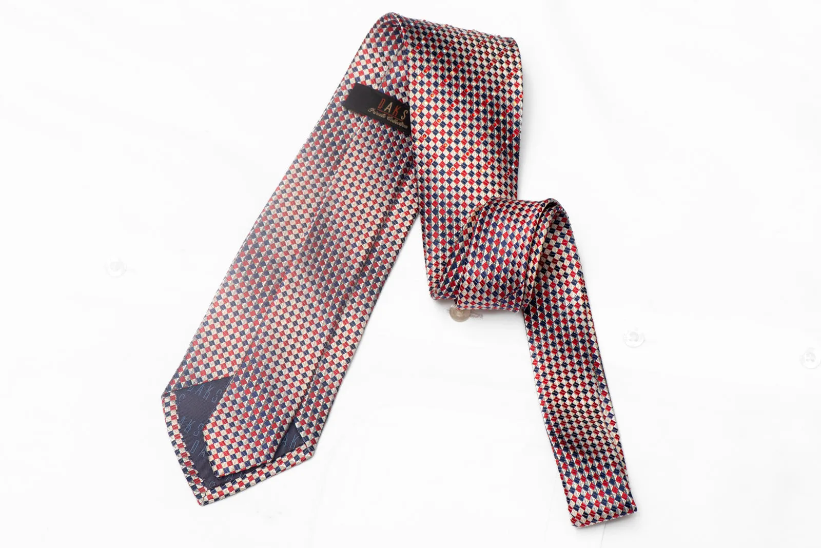 Silver Red Blue Checkered Rhinestone Silk Necktie With Silver Sparkles