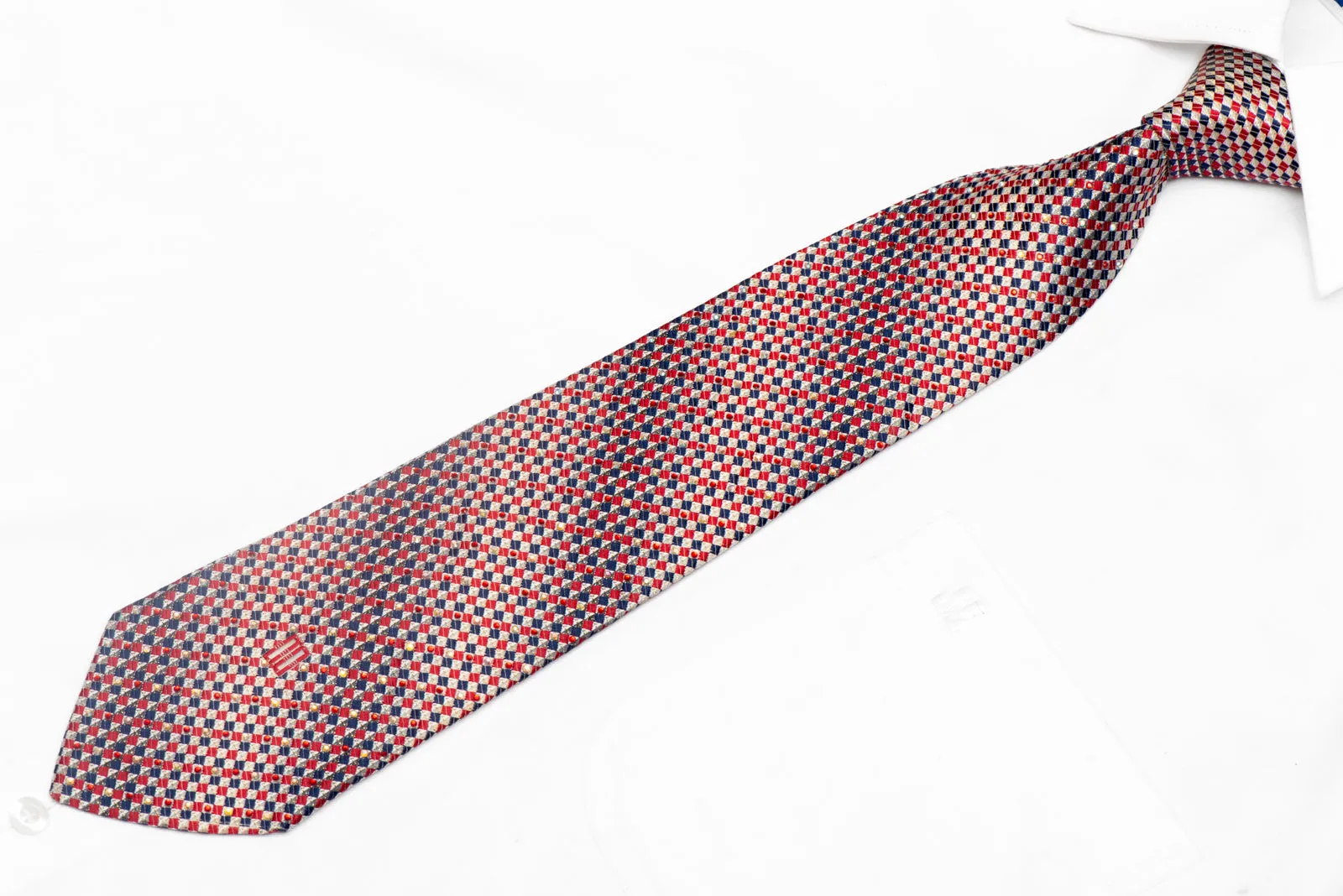 Silver Red Blue Checkered Rhinestone Silk Necktie With Silver Sparkles