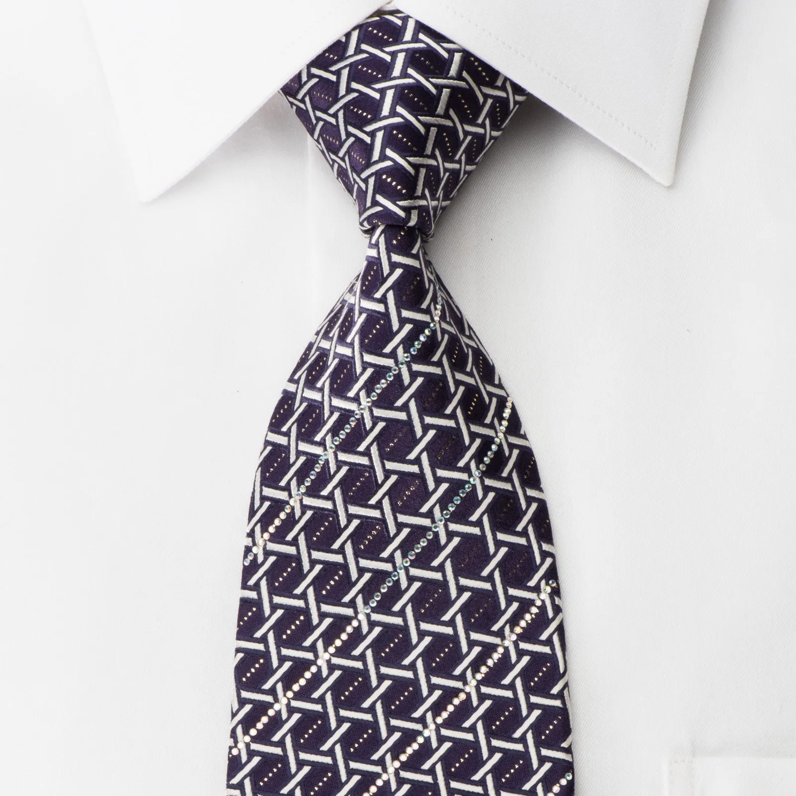 Silver Trellis On Purple Rhinestone Silk Tie With Silver Sparkles