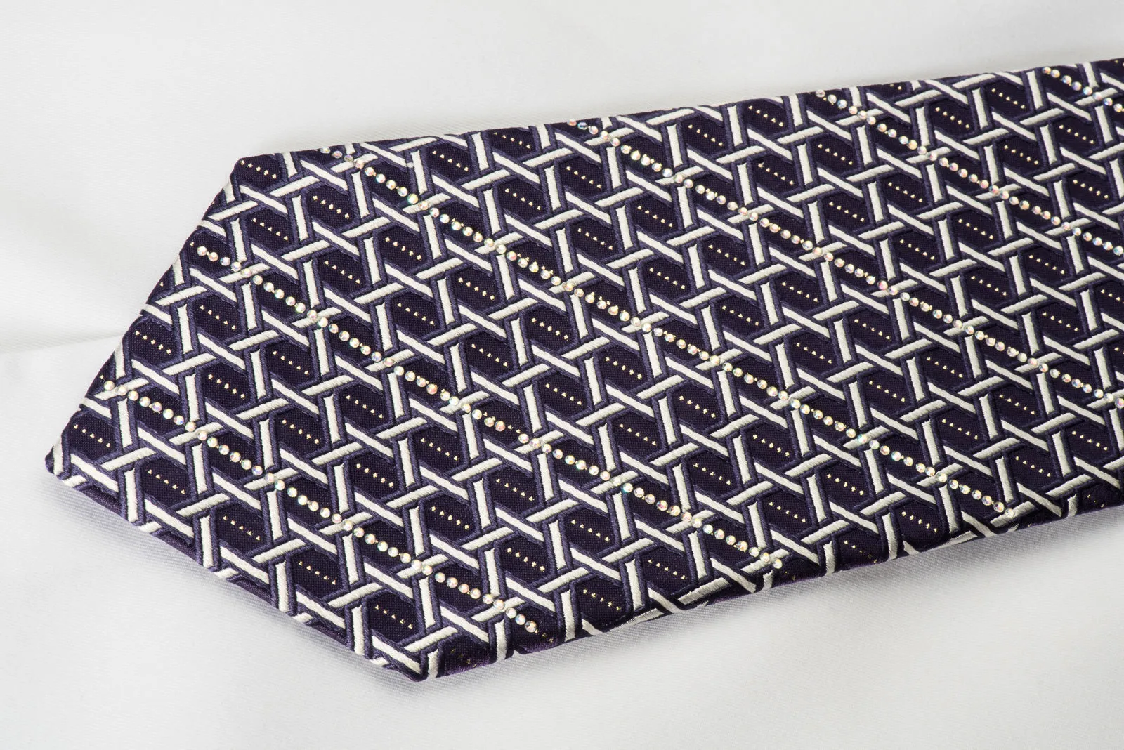 Silver Trellis On Purple Rhinestone Silk Tie With Silver Sparkles