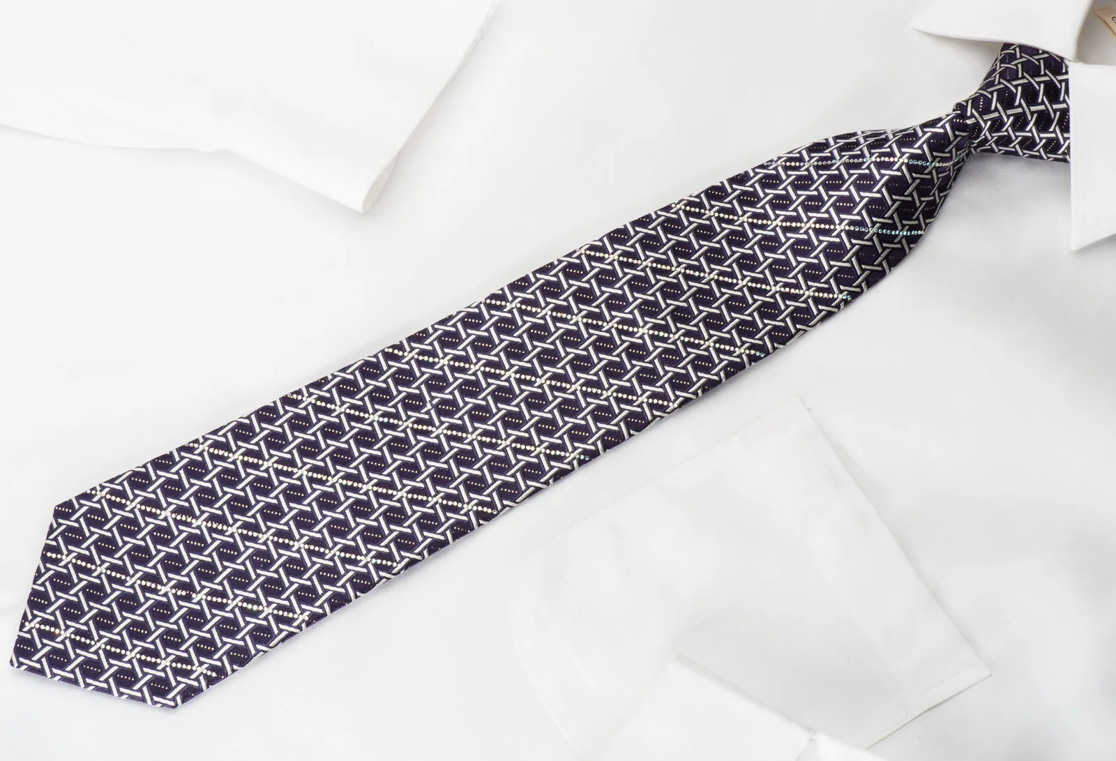 Silver Trellis On Purple Rhinestone Silk Tie With Silver Sparkles