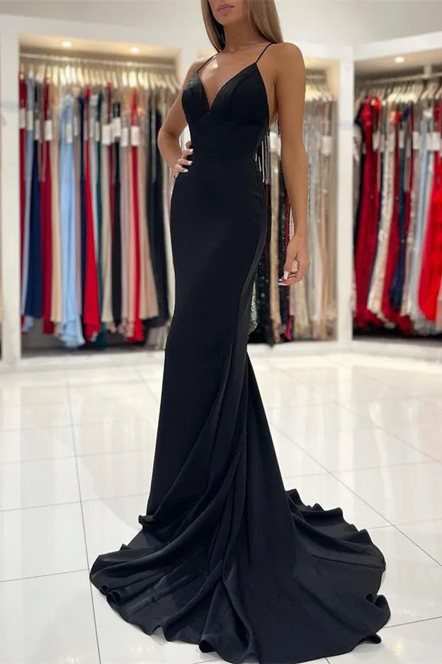 Sleek Black Charmeuse Mermaid Prom Gown with Spaghetti Straps