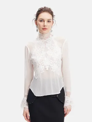 Slim Fit Lace Stand Collar Top