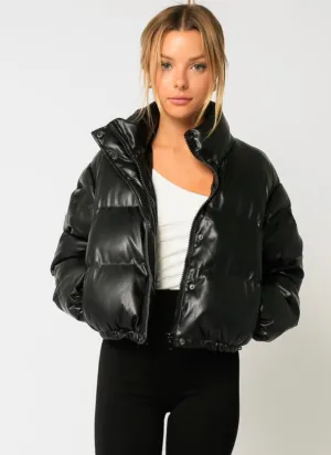 Winter Nights Crop Faux Leather Puffer Jacket: Black