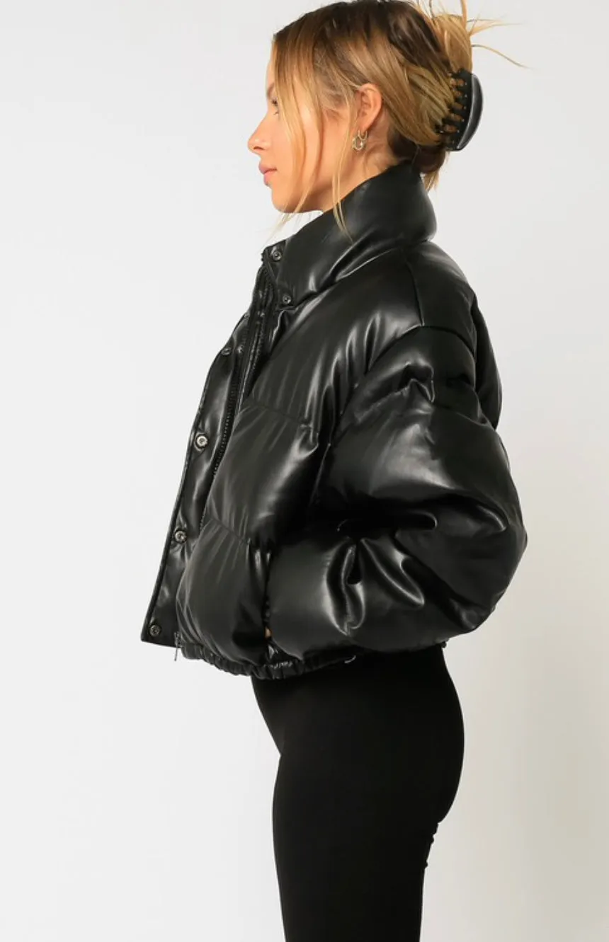 Winter Nights Crop Faux Leather Puffer Jacket: Black