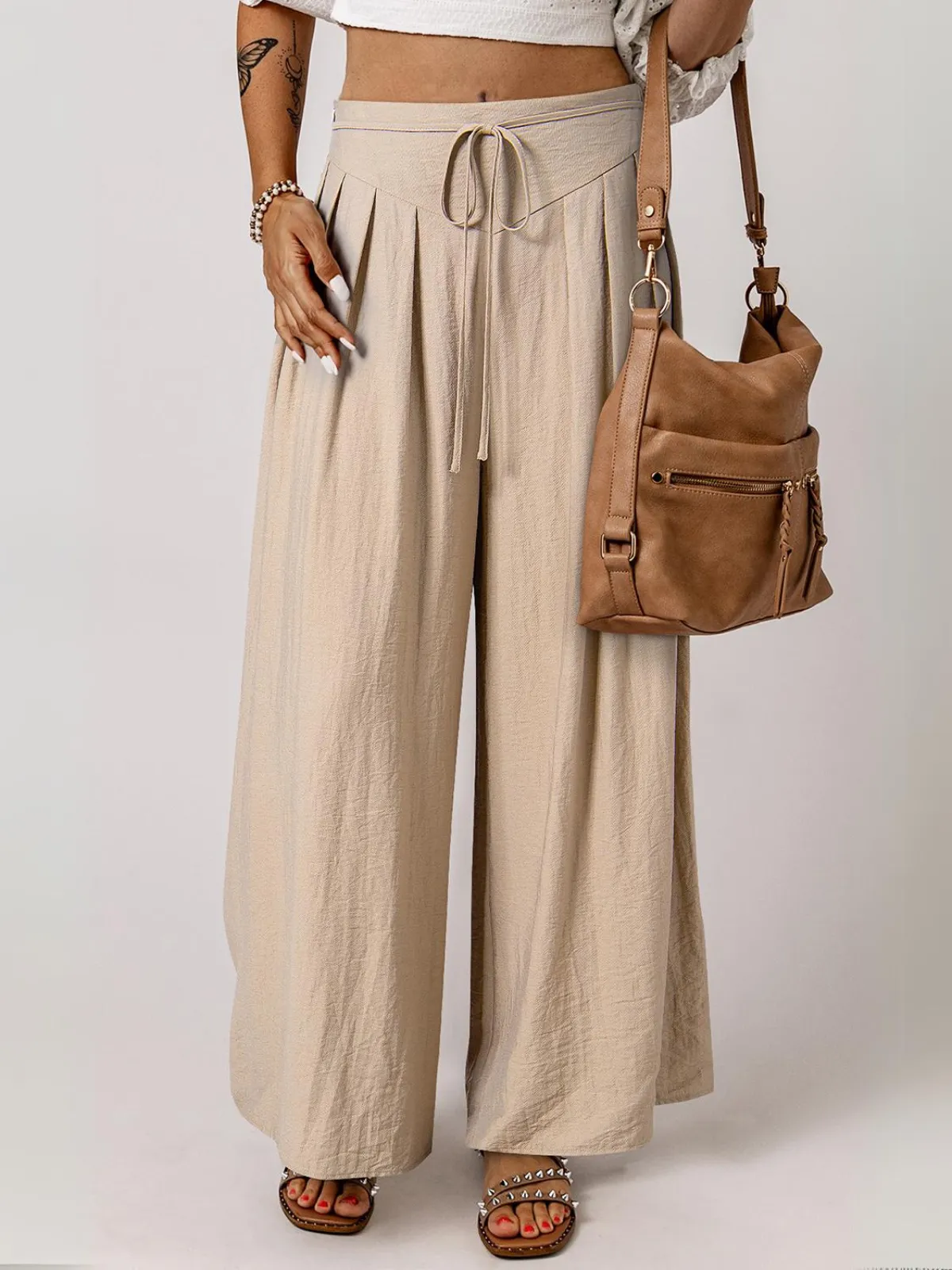 Womens Beige Drawstring Waist Pleated Wide Leg Casual Pants