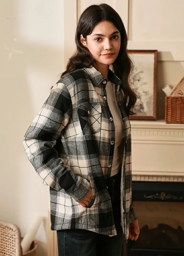 Womens Snap Plaid Flannel Jacket, Sherpa-Lined Shacket